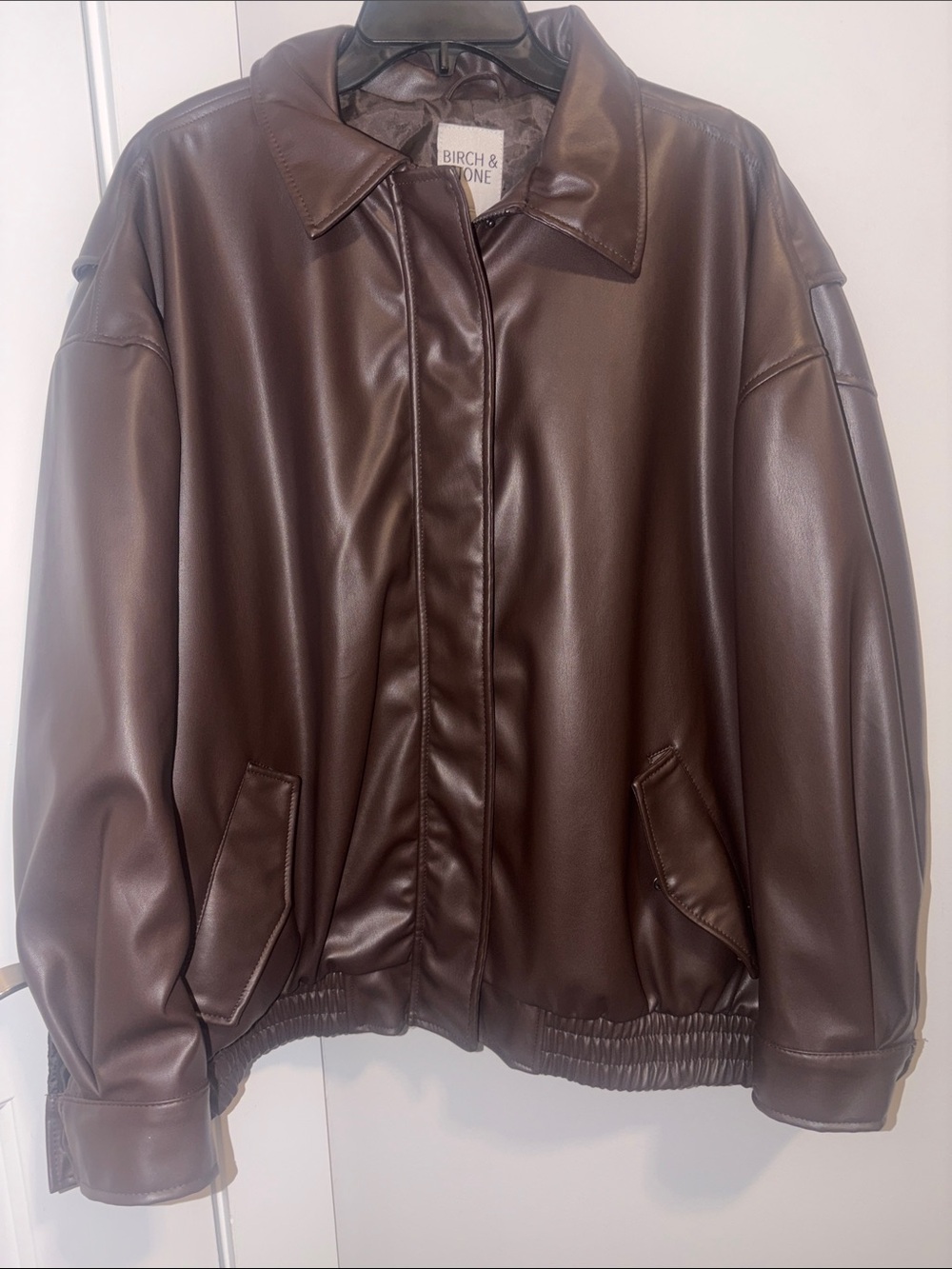 Brown Faux Leather Bomber Jacket